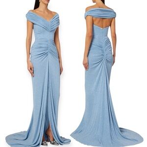 Rhea Costa Ruched Glitter Jersey Gown Light Blue Maxi Dress XS 38 Fits Small NWT